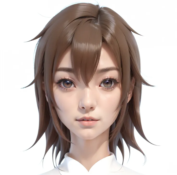 Anime girl with brown hair and orange eyes in a white shirt, Erstellt mit Anime Painter Studio, Realistischer Anime-3D-Stil, Detailliertes Anime-weiches Gesicht, Hochdetaillierter Gesichts-Anime, 3D im Anime-Stil, Semi-realistischer Anime, render of a cute...