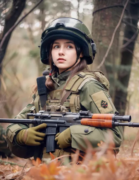 female soldier armed with a machine gun in a wooded area, menina da infantaria, de uma garota franco-atiradora na guerra, menina soldado, menina soldado mecanizado, pronto para o combate, menina militar, soldado feminino bonito, com fuzil, meninas de infan...