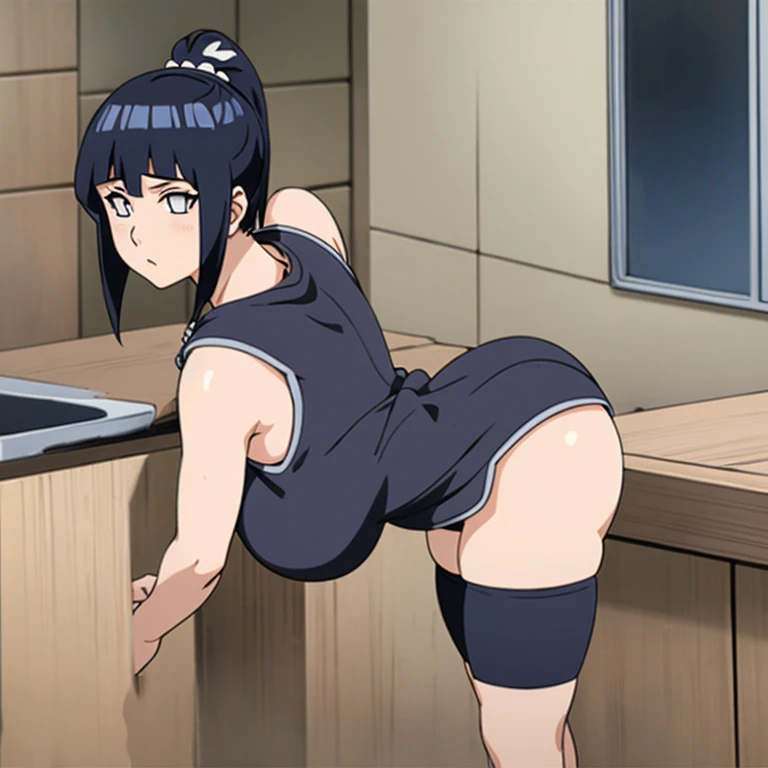 Milf, just one woman, busty, perfect boobs, long legs, chubby, 40s, pouting lips, black hair, hairstyle: ponytail, Asian ethnicity, soft + hot style sharp anime, woman in kitchen, back view, pose bending over when cumming, mini-skirt, low-cut clothing, wea...