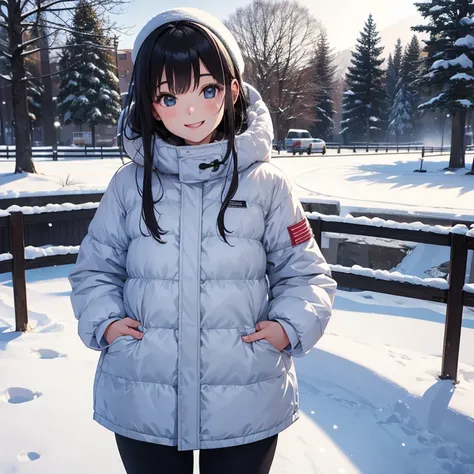 A 25 years old girl, wearing winter clothes, standing at snow, smiling face,  looking at viewer