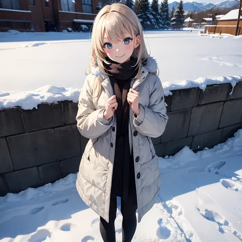 A 25 years old girl, wearing winter clothes, standing at snow, smiling face,  looking at viewer