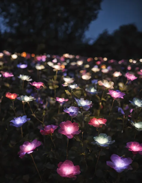 strong garden light, in a flower garden the dark night, remote plane, lucioles, brillantes, confeti, arte digital, libro rosa,