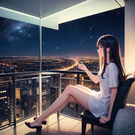 A 25 year old girl, sitting on her balcony alone, looking at the sky, the night sky full of star and galaxy, masterpiece,