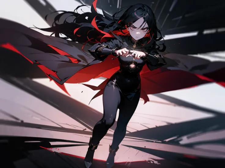 Dramatic lighting, dramatic action pose and scene, gleam, dark colors and atmosphere, gloomy anime girl, Intense expression at camera, ring lights, full body or waist-up