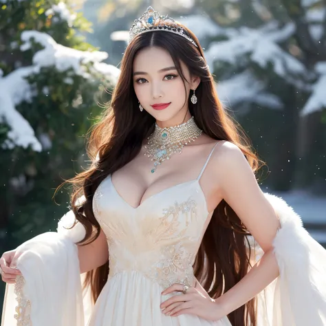 (top-quality、masutepiece、8K、Top image quality))、(1 photo:1.3)、one snow white、(The upper body of Snow White is depicted:1.3)、A slender、dress that tightens the waist、Big breasts、The most luxurious giant tiara、the most luxurious giant necklace、The finest dres...