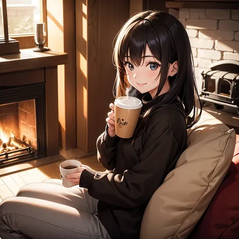 A 25 years old girl sitting on a single sofa beside wooden fireplace at home, holding one coffee cup, winter time, smiling face, looking at viewer