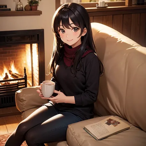 A 25 years old girl sitting on a single sofa beside wooden fireplace at home, holding one coffee cup, winter time, smiling face, looking at viewer