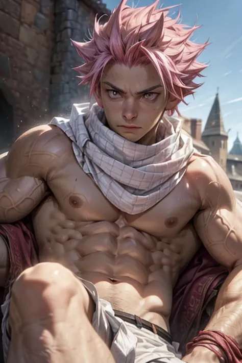 (best quality,4k,8k,highres,masterpiece:1.2),ultra-detailed,(realistic,photorealistic,photo-realistic:1.37),boy,translucent tongue,well-developed chest muscles,large bag,white cotton socks,half-reclining,CG style,tight underwear,Natsu Dragneel,medium:3.0,d...