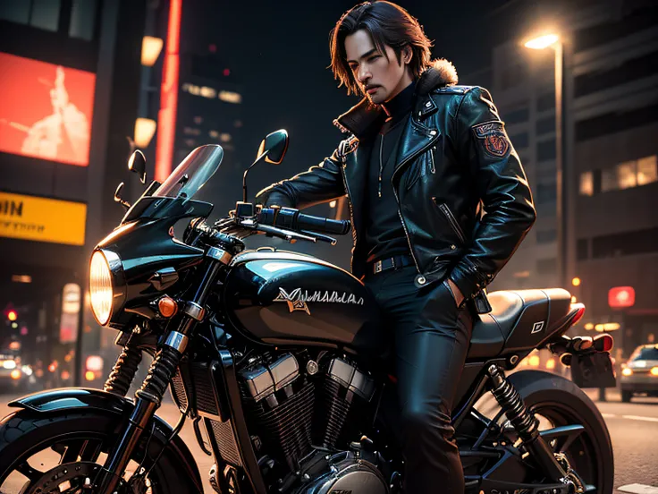 Masterpiece, (Ultra-detailed), (anthropomorphism), teenager Keanu Reeves, crime theme, Jaguar, jacket, Riding a motorcycle in low light, eye shadow, Spoiled cityscape, Maximum Quality, Solo Focus, (Little: 1.04), muscle male, full - body, Intricate., Lee J...