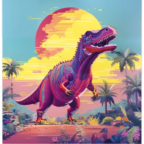 ultra realistic full embroidery tyrannosaurus rex embroidery art um close de um dinossauro em um campo com palmeiras, dinossauro pixel art, Dinossauro Trex, Jurassic image, arte detalhada do pixel, Jen Bartel, Tiranossauro rex, retro art, Trex, Dino cromad...