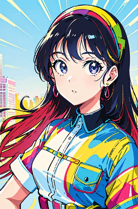 (flat color:0.9),(colorful:1.1),(masterpiece:1,2),retro,city pop, best quality, masterpiece, highres, original, extremely detailed wallpaper, looking at viewer,,,1girl,solo,Girl,Portrait