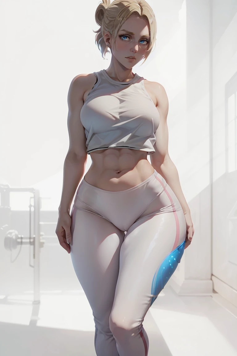 (master piece: 1.1), (annie_leonhardt), 1girl, solo, mature, (gym clothes), top tank, legging pants, slimbody, beautiful abs, (detailed blue eyes), standing, embarassed, detailed eyes, big thick legs, detailed face, full body, detailed body on clothes, blo...