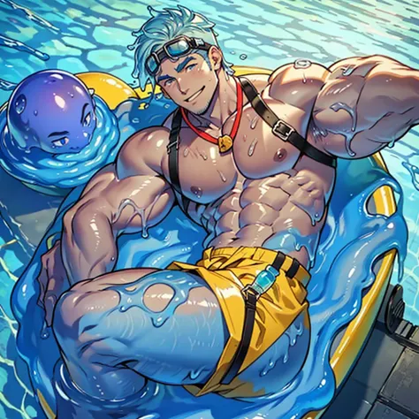 from behind, show your butt, butt up,  latex swimming briefs, (outline of lid, swelling of underwear), Masterpiece, light blue sticky slime pool, highest quality, gay, monster boy, slime boy, smiling face, blue slime, clear light blue slime body, Slime cov...