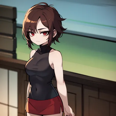 woman, 22 years old, red eyes,  short brown hair with dyed bangs, wearing a black cropped sleeveless turtleneck, and a black mini skirt, standing in a manor