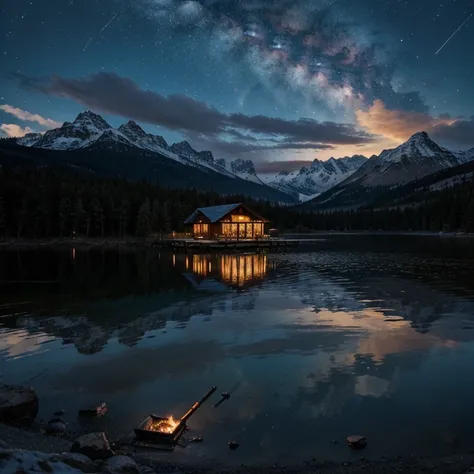 Cabin, smoke, lake, stary night, mountains