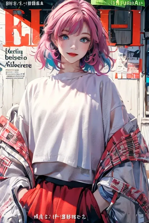 masterpiece, best quality, spring outfit, colorful neon hair, outdoor, magazine cover ,upper body, wolfcut hair,