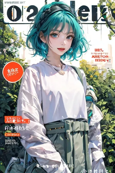 masterpiece, best quality, spring outfit, colorful neon hair, outdoor, magazine cover ,upper body, short hair,