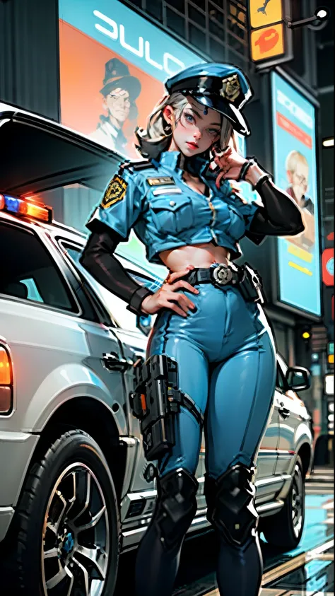 Highest image quality，Outstanding details，超高分辨率，The police of the future，Mecha pie，She wears a futuristic SWAT uniform，She stood in front of the police car，Very sexy，nedium breasts，cleavage，brassier，underdressing，pantiess，gigantic breasts, Robust body，Sexy...