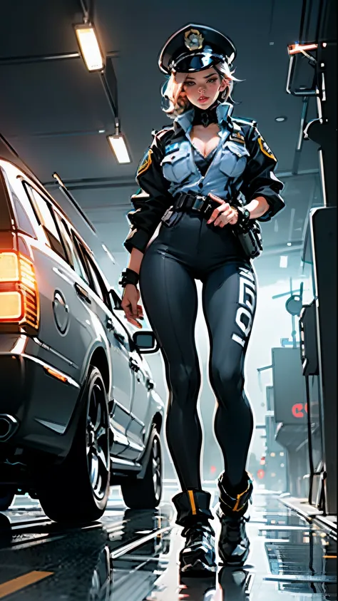 Highest image quality，Outstanding details，超高分辨率，The police of the future，Mecha pie，She wears a futuristic SWAT uniform，She stood in front of the police car，Very sexy，nedium breasts，cleavage，brassier，underdressing，pantiess，gigantic breasts, Robust body，Sexy...