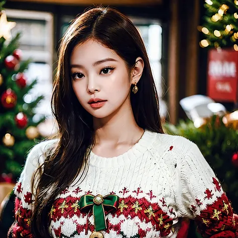 Jennie in a cute Christmas sweater, Ella tiene mucho tiempo, bonita, cabello rojo brillante, Next to her a red and gold Christmas tree....., She looks very pretty while next to her there is a beautiful and illuminated Christmas tree....., muestra el cuerpo...