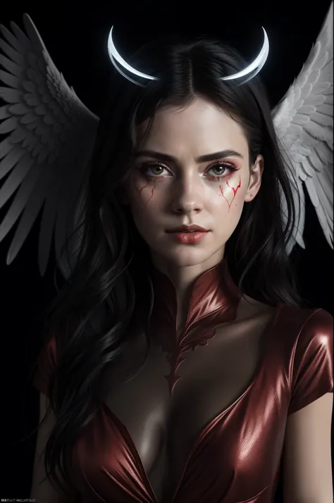 Using red and white colour only, create a half angel and half devil, ultra realistic, highly detailed, mesmerizing, beautiful piece of art. Midnight black background. "No halo" , conceptual art, portrait photography, anime, dark fantasy, painting, cinemati...