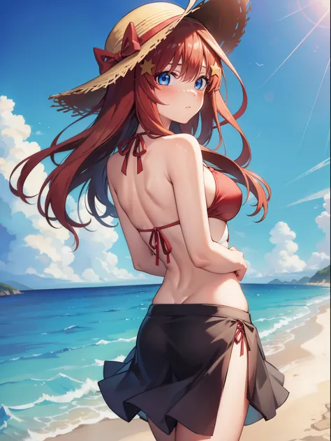 1girl, itsuki nakano, bangs, blue eyes, hair between eyes, ahoge, red hair, star symbol, hair ornament, star hair ornament, (blush:1.2),
BREAK (skirt style bikini:1.3), (a straw fedora hat:1.3), (red bikini:1.2), black skirt, (string skirts:1.3), (red ribb...