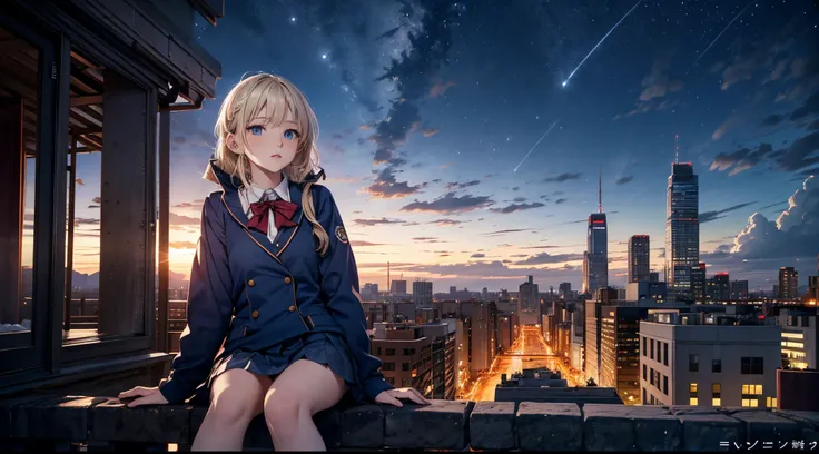 masutepiece,8K,octans, Skysky, stele(Skysky), landscapes, starrysky, natta, 1girl in, nigh sky, report, plein air, built, ​​clouds, milkyway, sitting on, 城市, silhuette, Cityscape,(Short, Low twin-tailed blonde hair:1.2),(Deep Blue Eyes:1.3),(winter school ...