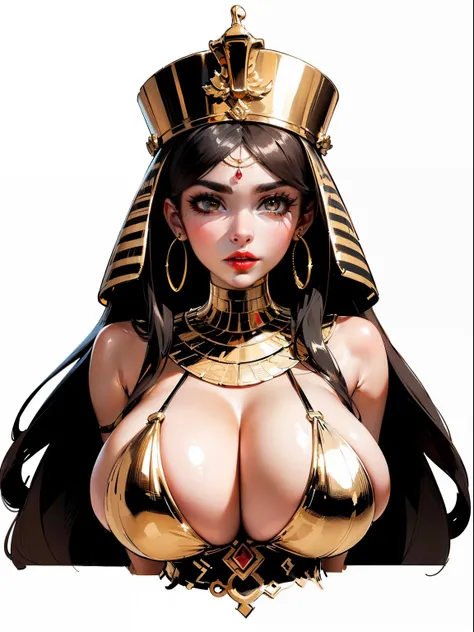 ((Upper body view:1.4)), ((masterpiece)),(((best quality))), ((egyptian empress, mature face)), ((middle eastern eyes:1.4)), ((golden gown)), (((septum piercing)), defined cheekbones, high cheekbones, illustration, muscular, ((gold:1.4)), sexy bimbo, (giga...