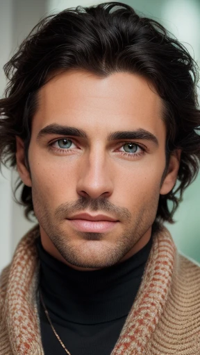 Photorealistic portrait of an incredibly handsome, slightly tanned Argentinean man with light makeup, Extremely detailed light green eyes, sexy man, very courageous man, detailed symmetrical realistic face, full lips, extremely detailed natural texture, pe...