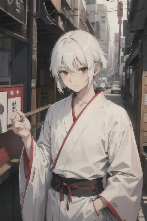 Young Japanese boy with white hair, Fujiwara no Mokou, cabelos ondulados, short hair, olhos vermelhos, 18 anos, usando quimono branco, smug smirk, rosto gentil, boca fechada, rosto relaxado, olhos relaxados, Olhos Estreitos, semblante sereno, CIDADE CYBERP...