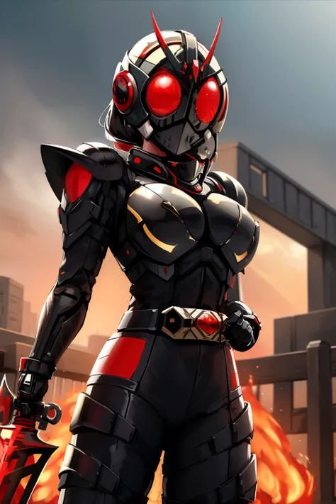 masterpiece, best quality, 1girl, (kamen), compound eye helmet, black battlesuit, shoulder armor, sword made of gold and red flames