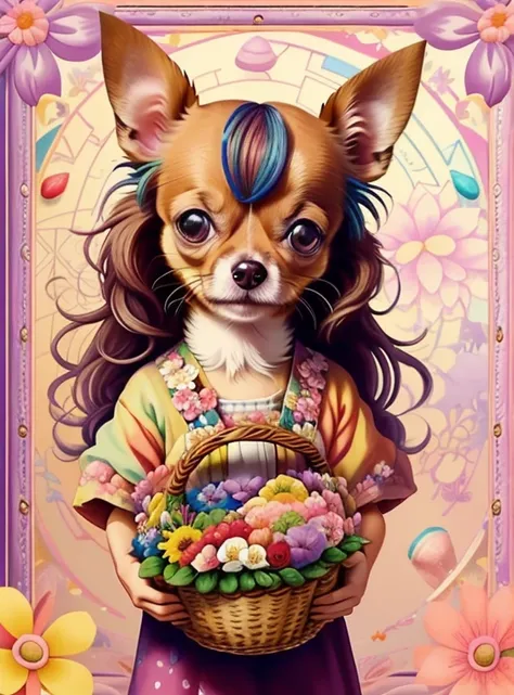 (cute chihuahua smiling with basket of chocolates and flowers) Munchkin,Geometric multidimensional wall portrait, livro de arte, Tchibi,
Yang08k, Beautiful, Colouring,
Obras, of the highest quality, best quality, Arte Oficial, Beautiful and Aesthetic,