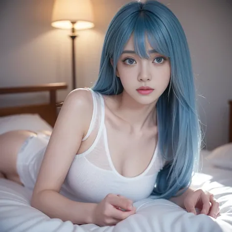 female student, Lie down in bed, looking at you, wear thin clothes, The kinky  exposed, Blue hair, lightblue hair, long whitr hair, crossed bangs, Hair over the shoulder, Hair flakes, hairflower, Moles under the eyes, eyeballs, Gradient eyes, Water-colored...