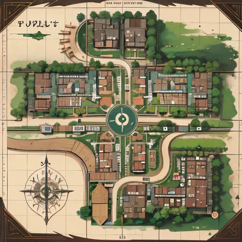 Create a Battlemap for fantasy game. The map shows a top view of a city street, with giant-sized buildings. The city  old and  built of bricks and rocks. Some of the buildings have lost their roofs, while others have structural damage. There  a central pat...