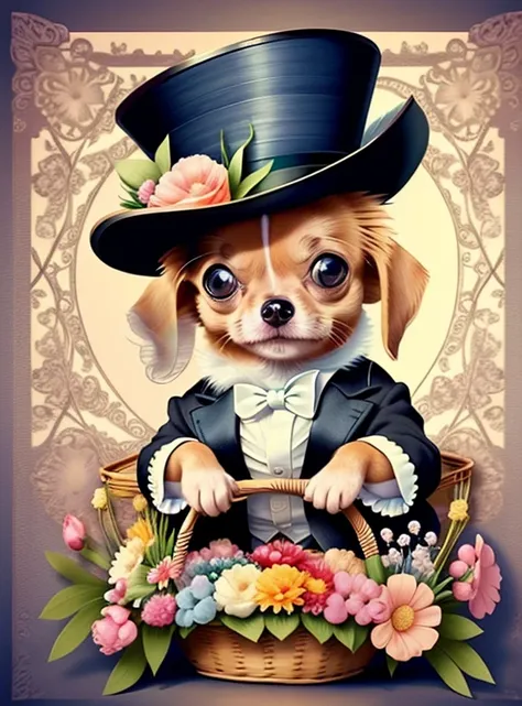 (cute baby chihuahua smiling with top hat and basket of flowers) Munchkin,Geometric multidimensional wall portrait, livro de arte, Tchibi,
Yang08k, Beautiful, Colouring,
Obras, of the highest quality, best quality, Arte Oficial, Beautiful and Aesthetic,