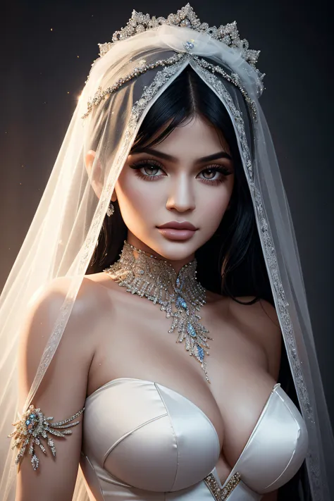 Kylie Jenner, wearing veil bride sexy clothes transparent. professionally retouched, soft lighting, realistic, smooth face, perfect eyes, sharp focus on eyes, 8 k, high definition, insanely detailed, intricate, elegant. in a  background.