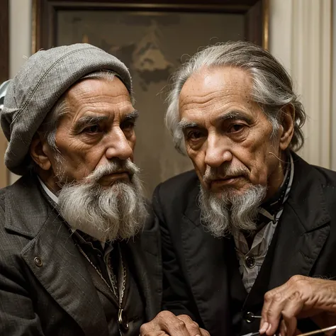 Two octogenarian gentlemen, em 1890, meticulously study needles in an atmosphere of erudition, registrada em uma imagem de foto envelhecida. Their expressions denote decades of accumulated wisdom, imersos na busca pelo conhecimento.