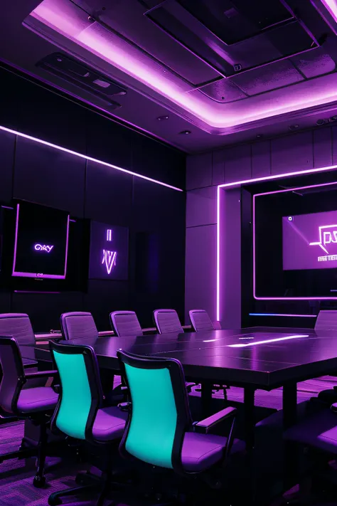 meeting room, board room , cyber punk, purple neon lights, no humans, no people