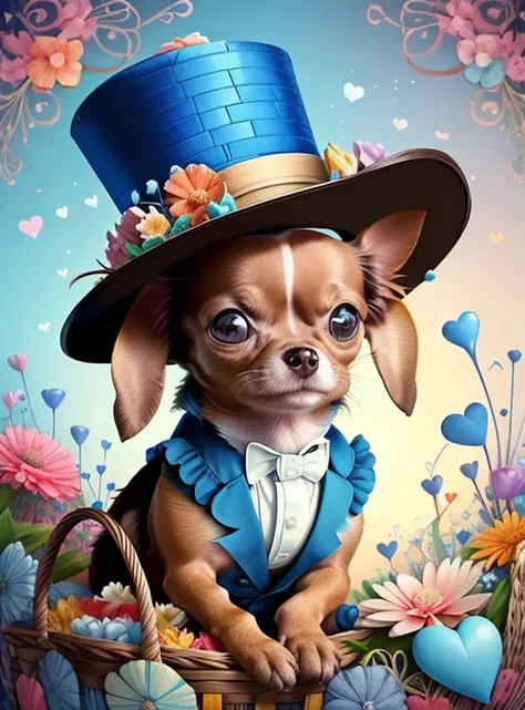 (cute brown baby chihuahua smiling with blue top hat and basket of flowers and hearts) Munchkin,Geometric multidimensional wall portrait, livro de arte, Tchibi,
Yang08k, Beautiful, Colouring,
Obras, of the highest quality, best quality, Arte Oficial, Beaut...