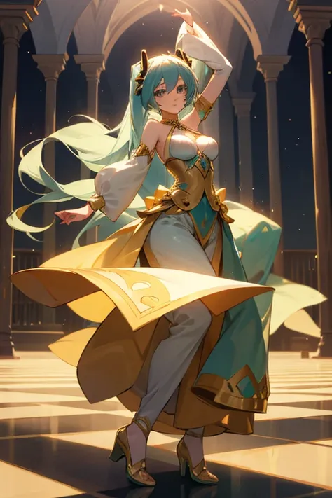 Miku Hatsune,arabian night,Enchanting dances,palatial palace,beautiful breasts,Traje dourado