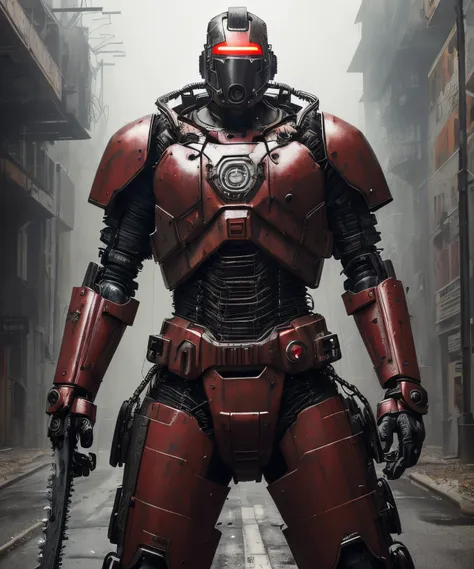 Dark_Fantasy,Cyberpunk,(chain saw,chain saw man,Red:1.1),1man,Mechanical marvel,Robotic presence,Cybernetic guardian, wearing a worn-out mech suit, intricate, (steel metal [rusty]), elegant, clear focus, shot by greg rutkowski, soft lighting, vibrant color...