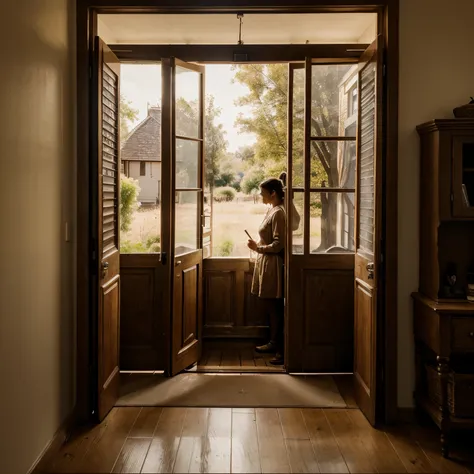 sepia-toned photograph capturing an old, well-loved family home. The image could focus on a broom leaning against a doorframe, symbolizing the repeated act of sweeping mentioned in the poem. In the background, there could be an open window with a view of a...