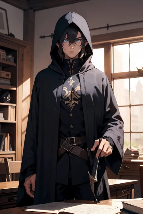 man mysterious elf assassin arcane trickster rogue dark robe hooded black short hair, blue eyes, with a dagger in his hand in his desk