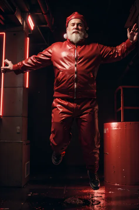 um papai noel gordo ultra-realista de corpo inteiro, vestindo jaqueta vermelha, red pants, rubber plastic texture, Salto, floating, Cyberpunk, Futuristic, at night, 8k, neon lights, luzes vermelhas, cinemactic, detalhes intrincados, Noite, disco Rigido, Ul...