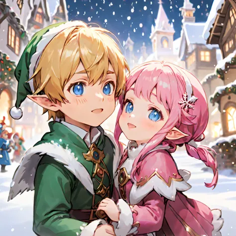 Final Fantasy 14, (elf ear), (1boy, Lalafell, golden hair, blue eyes), (1girl, lalafell, (pink hair) and blue eyes) both dressed in festive holiday attire, Close-up, Camera Angle Slightly tilted, Background: A snowy and festive, with snowflakes gently fall...