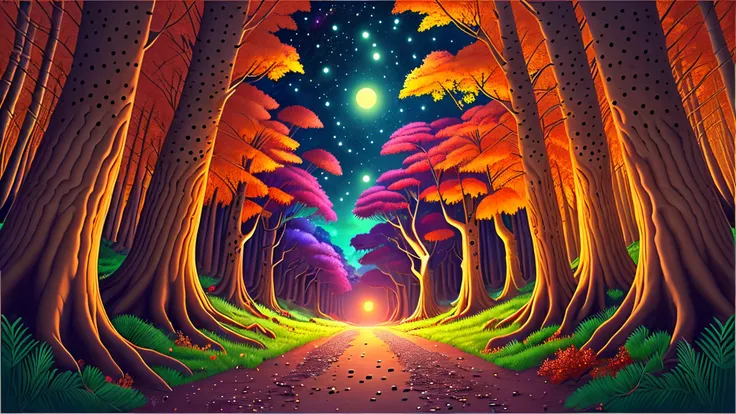 red orange yellow green blue indigo purple colour glowing balls in the dark forest, very colourful and brightly glowing balls, sorrounded by trees, dark and night forest, magical glowing balls, night and clear sky,  ultra realistic scene --auto --s2