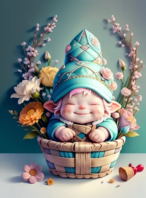 (cute baby gnome smiling with a basket of flowers) Munchkin ,Geometric multidimensional wall portrait, livro de arte, Tchibi,
Yang08k, Beautiful, Colouring,
Obras, of the highest quality, best quality, Arte Oficial, Beautiful and Aesthetic,