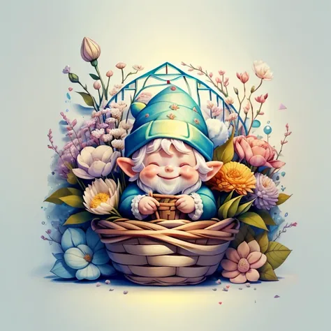 (cute baby gnome smiling with a basket of flowers) Munchkin ,Geometric multidimensional wall portrait, livro de arte, Tchibi,
Yang08k, Beautiful, Colouring,
Obras, of the highest quality, best quality, Arte Oficial, Beautiful and Aesthetic,