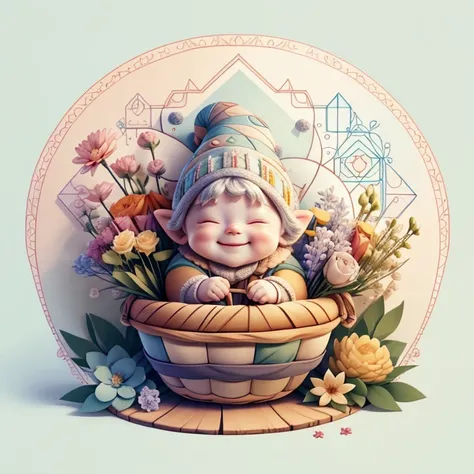 (cute baby gnome smiling with a basket of flowers) Munchkin ,Geometric multidimensional wall portrait, livro de arte, Tchibi,
Yang08k, Beautiful, Colouring,
Obras, of the highest quality, best quality, Arte Oficial, Beautiful and Aesthetic,