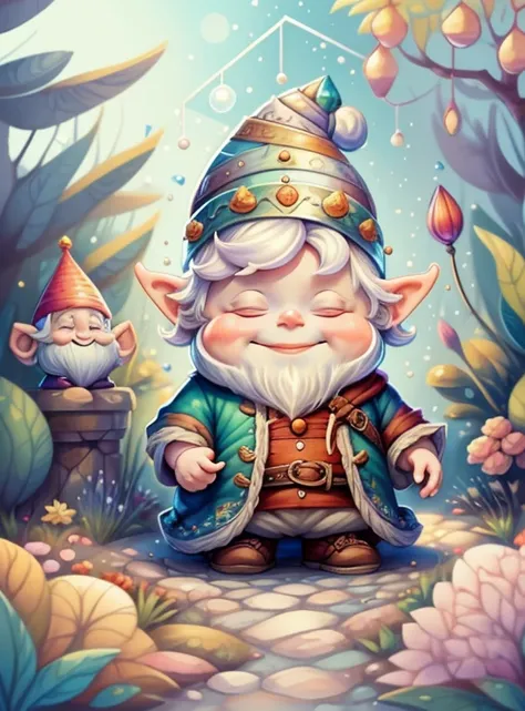 (cute baby gnome smiling in a beautiful garden) Munchkin  ,Geometric multidimensional wall portrait, livro de arte, Tchibi,
Yang08k, Beautiful, Colouring,
Obras, of the highest quality, best quality, Arte Oficial, Beautiful and Aesthetic,